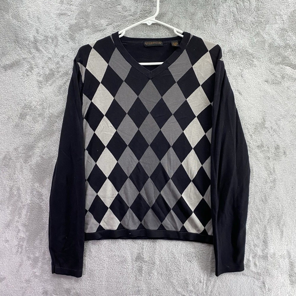 Lord & Taylor Men L Navy Gray Argyle Lambswool V Neck Pullover Sweater